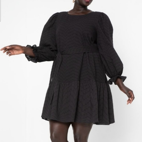 Eloquii Black Textured Cotton Easy Day Dress Size 18 Tie Waist Puff Sleeves - Picture 1 of 16